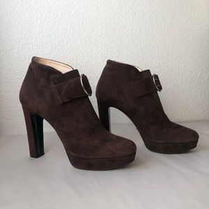 Prada Dark Brown Suede High Heel Platform Ankle Boots with Buckle 37.5